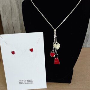 Women Drop Charms Necklace and Earrings Set Taxco Sterling Silver.925